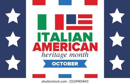 Italian American Heritage Month. Happy holiday celebrate annual in October. Italy and United States flag. Culture month. Patriotic design. Poster, card, banner, template. Vector illustration