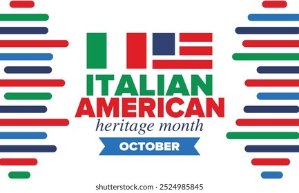 Italian American Heritage Month. Happy holiday celebrate annual in October. Italy and United States flag. Culture month. Patriotic design. Poster, card, banner, template. Vector illustration