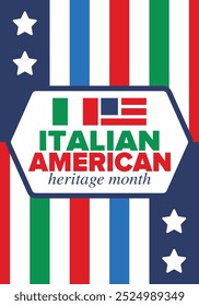 Italian American Heritage Month. Happy holiday celebrate annual in October. Italy and United States flag. Culture month. Patriotic design. Poster, card, banner, template. Vector illustration