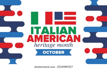 Italian American Heritage Month. Happy holiday celebrate annual in October. Italy and United States flag. Culture month. Patriotic design. Poster, card, banner, template. Vector illustration