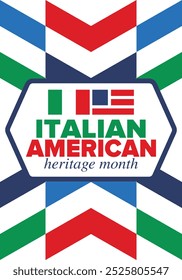 Italian American Heritage Month. Happy holiday celebrate annual in October. Italy and United States flag. Culture month. Patriotic design. Poster, card, banner, template. Vector illustration