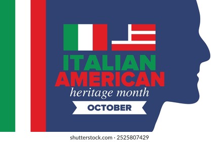 Italian American Heritage Month. Happy holiday celebrate annual in October. Italy and United States flag. Culture month. Patriotic design. Poster, card, banner, template. Vector illustration