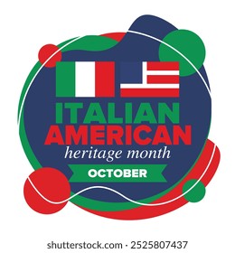 Italian American Heritage Month. Happy holiday celebrate annual in October. Italy and United States flag. Culture month. Patriotic design. Poster, card, banner, template. Vector illustration