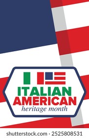 Italian American Heritage Month. Happy holiday celebrate annual in October. Italy and United States flag. Culture month. Patriotic design. Poster, card, banner, template. Vector illustration