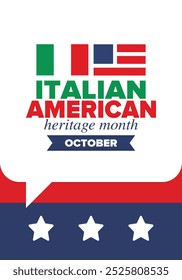 Italian American Heritage Month. Happy holiday celebrate annual in October. Italy and United States flag. Culture month. Patriotic design. Poster, card, banner, template. Vector illustration