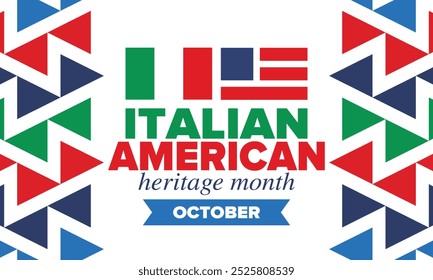 Italian American Heritage Month. Happy holiday celebrate annual in October. Italy and United States flag. Culture month. Patriotic design. Poster, card, banner, template. Vector illustration