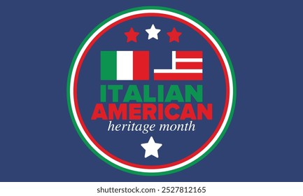 Italian American Heritage Month. Happy holiday celebrate annual in October. Italy and United States flag. Culture month. Patriotic design. Poster, card, banner, template. Vector illustration