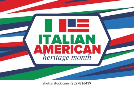 Italian American Heritage Month. Happy holiday celebrate annual in October. Italy and United States flag. Culture month. Patriotic design. Poster, card, banner, template. Vector illustration