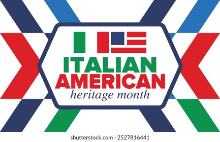 Italian American Heritage Month. Happy holiday celebrate annual in October. Italy and United States flag. Culture month. Patriotic design. Poster, card, banner, template. Vector illustration