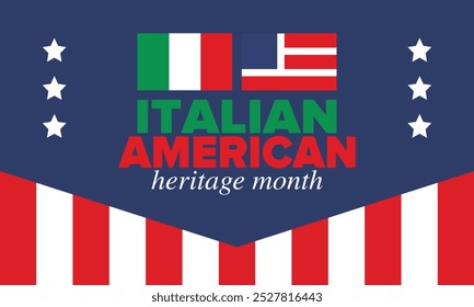 Italian American Heritage Month. Happy holiday celebrate annual in October. Italy and United States flag. Culture month. Patriotic design. Poster, card, banner, template. Vector illustration