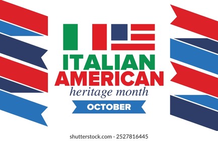 Italian American Heritage Month. Happy holiday celebrate annual in October. Italy and United States flag. Culture month. Patriotic design. Poster, card, banner, template. Vector illustration