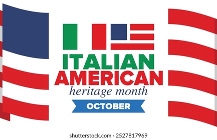 Italian American Heritage Month. Happy holiday celebrate annual in October. Italy and United States flag. Culture month. Patriotic design. Poster, card, banner, template. Vector illustration