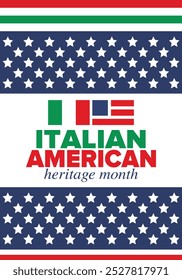 Italian American Heritage Month. Happy holiday celebrate annual in October. Italy and United States flag. Culture month. Patriotic design. Poster, card, banner, template. Vector illustration