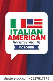 Italian American Heritage Month. Happy holiday celebrate annual in October. Italy and United States flag. Culture month. Patriotic design. Poster, card, banner, template. Vector illustration