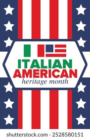 Italian American Heritage Month. Happy holiday celebrate annual in October. Italy and United States flag. Culture month. Patriotic design. Poster, card, banner, template. Vector illustration