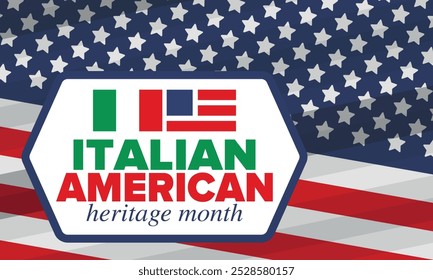 Italian American Heritage Month. Happy holiday celebrate annual in October. Italy and United States flag. Culture month. Patriotic design. Poster, card, banner, template. Vector illustration