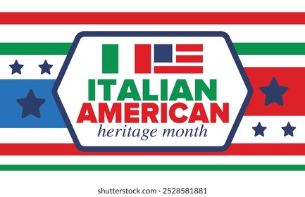 Italian American Heritage Month. Happy holiday celebrate annual in October. Italy and United States flag. Culture month. Patriotic design. Poster, card, banner, template. Vector illustration