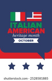 Italian American Heritage Month. Happy holiday celebrate annual in October. Italy and United States flag. Culture month. Patriotic design. Poster, card, banner, template. Vector illustration