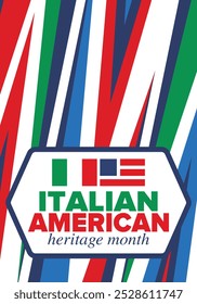 Italian American Heritage Month. Happy holiday celebrate annual in October. Italy and United States flag. Culture month. Patriotic design. Poster, card, banner, template. Vector illustration