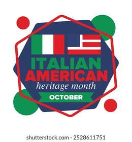 Italian American Heritage Month. Happy holiday celebrate annual in October. Italy and United States flag. Culture month. Patriotic design. Poster, card, banner, template. Vector illustration