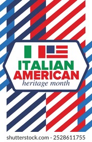 Italian American Heritage Month. Happy holiday celebrate annual in October. Italy and United States flag. Culture month. Patriotic design. Poster, card, banner, template. Vector illustration