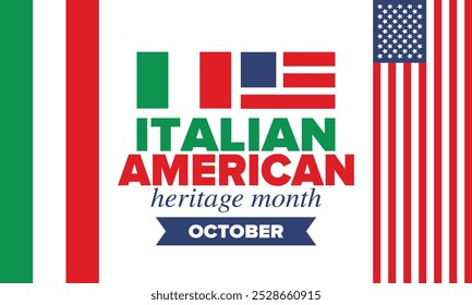 Italian American Heritage Month. Happy holiday celebrate annual in October. Italy and United States flag. Culture month. Patriotic design. Poster, card, banner, template. Vector illustration