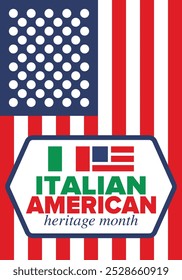 Italian American Heritage Month. Happy holiday celebrate annual in October. Italy and United States flag. Culture month. Patriotic design. Poster, card, banner, template. Vector illustration