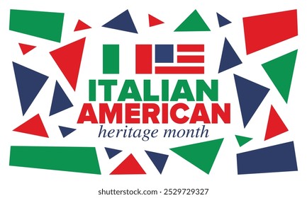 Italian American Heritage Month. Happy holiday celebrate annual in October. Italy and United States flag. Culture month. Patriotic design. Poster, card, banner, template. Vector illustration