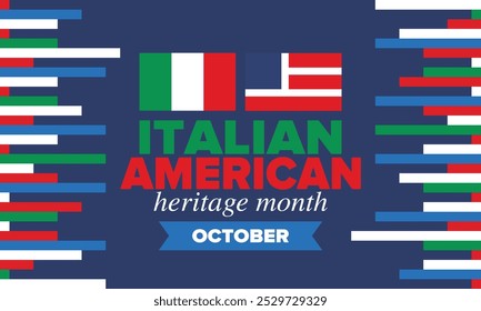 Italian American Heritage Month. Happy holiday celebrate annual in October. Italy and United States flag. Culture month. Patriotic design. Poster, card, banner, template. Vector illustration