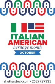 Italian American Heritage Month. Happy holiday celebrate annual in October. Italy and United States flag. Culture month. Patriotic design. Poster, card, banner, template. Vector illustration