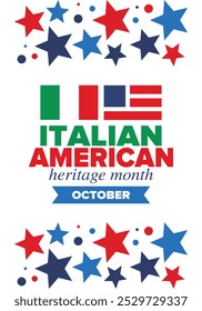 Italian American Heritage Month. Happy holiday celebrate annual in October. Italy and United States flag. Culture month. Patriotic design. Poster, card, banner, template. Vector illustration