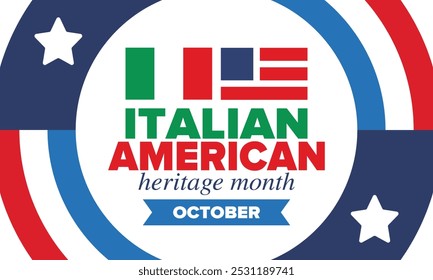 Italian American Heritage Month. Happy holiday celebrate annual in October. Italy and United States flag. Culture month. Patriotic design. Poster, card, banner, template. Vector illustration