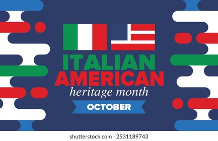 Italian American Heritage Month. Happy holiday celebrate annual in October. Italy and United States flag. Culture month. Patriotic design. Poster, card, banner, template. Vector illustration