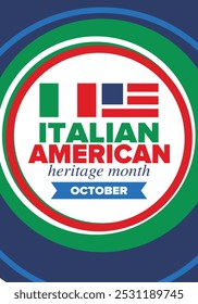 Italian American Heritage Month. Happy holiday celebrate annual in October. Italy and United States flag. Culture month. Patriotic design. Poster, card, banner, template. Vector illustration