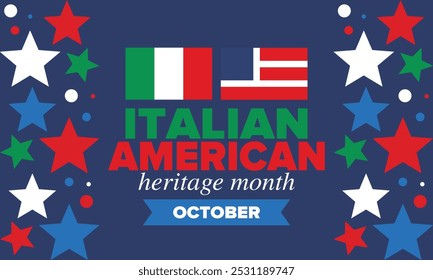 Italian American Heritage Month. Happy holiday celebrate annual in October. Italy and United States flag. Culture month. Patriotic design. Poster, card, banner, template. Vector illustration