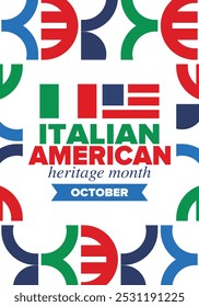 Italian American Heritage Month. Happy holiday celebrate annual in October. Italy and United States flag. Culture month. Patriotic design. Poster, card, banner, template. Vector illustration