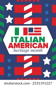 Italian American Heritage Month. Happy holiday celebrate annual in October. Italy and United States flag. Culture month. Patriotic design. Poster, card, banner, template. Vector illustration