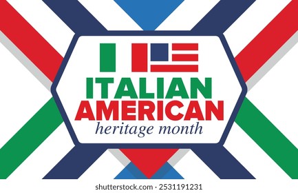 Italian American Heritage Month. Happy holiday celebrate annual in October. Italy and United States flag. Culture month. Patriotic design. Poster, card, banner, template. Vector illustration