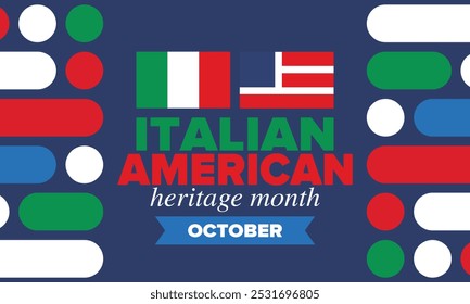 Italian American Heritage Month. Happy holiday celebrate annual in October. Italy and United States flag. Culture month. Patriotic design. Poster, card, banner, template. Vector illustration