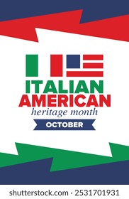 Italian American Heritage Month. Happy holiday celebrate annual in October. Italy and United States flag. Culture month. Patriotic design. Poster, card, banner, template. Vector illustration