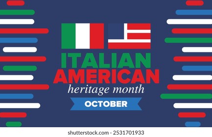 Italian American Heritage Month. Happy holiday celebrate annual in October. Italy and United States flag. Culture month. Patriotic design. Poster, card, banner, template. Vector illustration