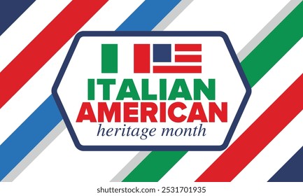 Italian American Heritage Month. Happy holiday celebrate annual in October. Italy and United States flag. Culture month. Patriotic design. Poster, card, banner, template. Vector illustration