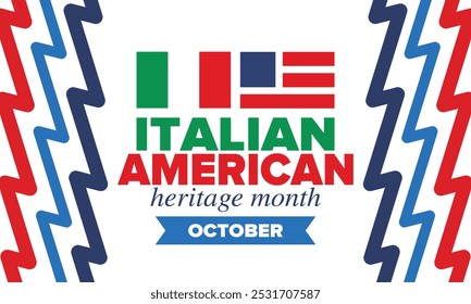 Italian American Heritage Month. Happy holiday celebrate annual in October. Italy and United States flag. Culture month. Patriotic design. Poster, card, banner, template. Vector illustration