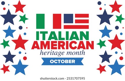 Italian American Heritage Month. Happy holiday celebrate annual in October. Italy and United States flag. Culture month. Patriotic design. Poster, card, banner, template. Vector illustration