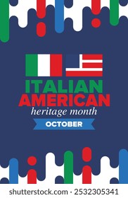 Italian American Heritage Month. Happy holiday celebrate annual in October. Italy and United States flag. Culture month. Patriotic design. Poster, card, banner, template. Vector illustration