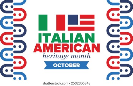 Italian American Heritage Month. Happy holiday celebrate annual in October. Italy and United States flag. Culture month. Patriotic design. Poster, card, banner, template. Vector illustration