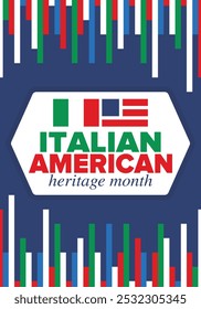 Italian American Heritage Month. Happy holiday celebrate annual in October. Italy and United States flag. Culture month. Patriotic design. Poster, card, banner, template. Vector illustration