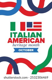 Italian American Heritage Month. Happy holiday celebrate annual in October. Italy and United States flag. Culture month. Patriotic design. Poster, card, banner, template. Vector illustration