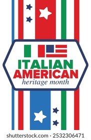 Italian American Heritage Month. Happy holiday celebrate annual in October. Italy and United States flag. Culture month. Patriotic design. Poster, card, banner, template. Vector illustration