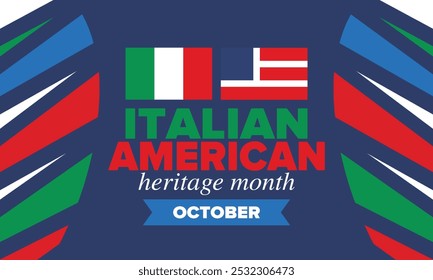 Italian American Heritage Month. Happy holiday celebrate annual in October. Italy and United States flag. Culture month. Patriotic design. Poster, card, banner, template. Vector illustration